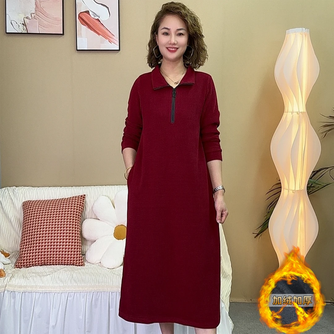 加绒拉链款上新冬装休闲显瘦遮肉气质洋气中长款妈妈装宽松连衣裙
