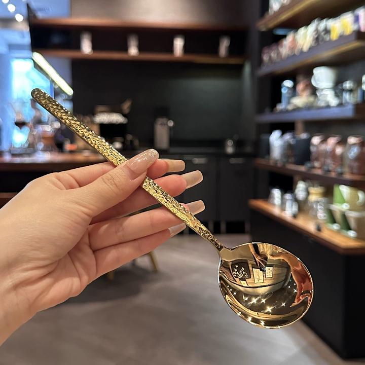 巨好看的勺子!轻奢金色勺日式锤纹圆头勺304不锈钢吃饭勺喝汤勺