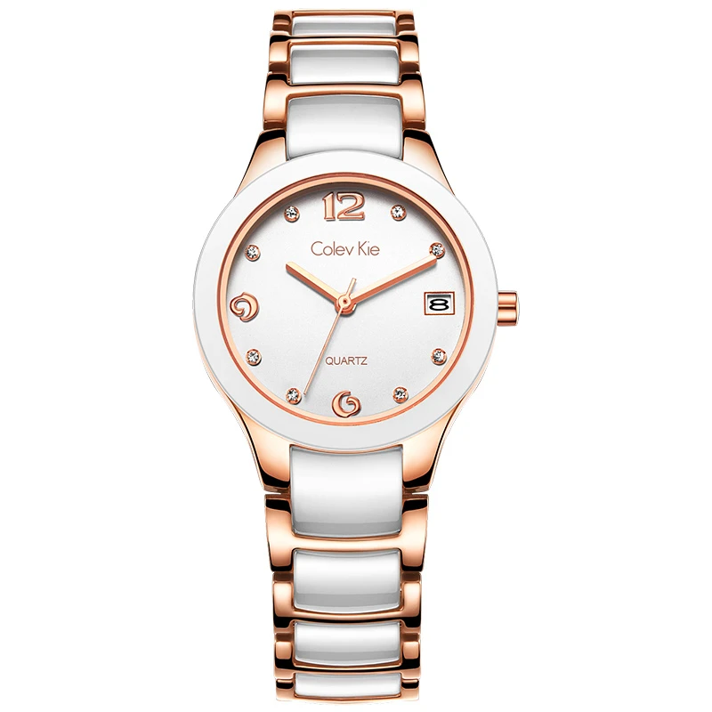 正品Colevkie陶瓷款珍珠贝母女士手表带日历轻奢防水腕表8006