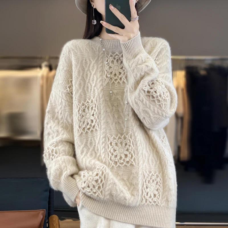 100羊毛手工打底衫加厚钩花时尚百搭羊毛衫打底针织衫外穿慵懒风