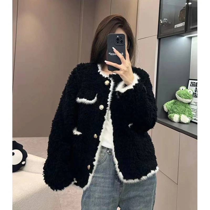 【所姿】5A 新款冬季拼接小香风休闲宽松女士羊毛外套SZ-23332