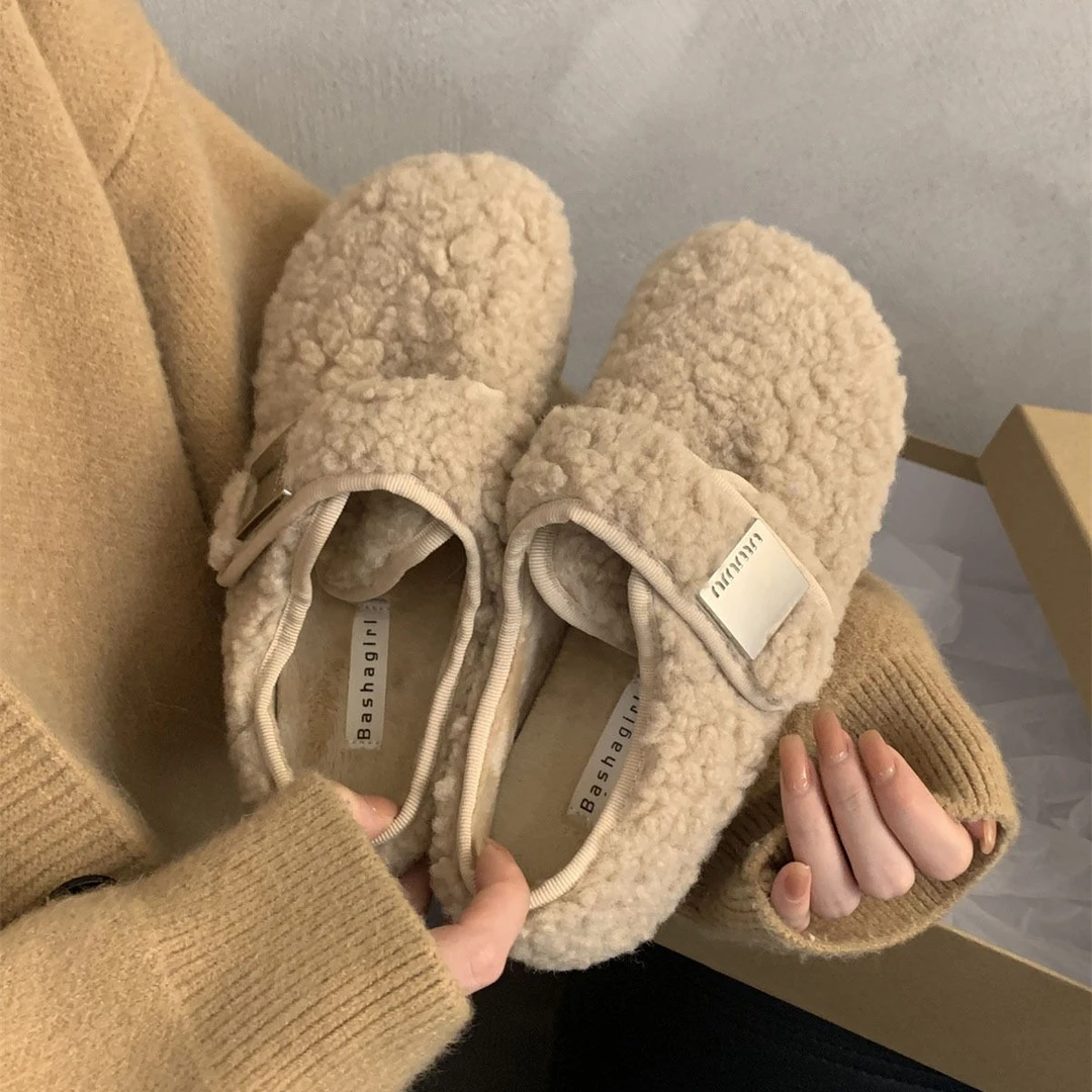 cql冬季豆豆鞋保暖棉鞋平底魔术贴毛毛鞋女外穿2023秋冬新款