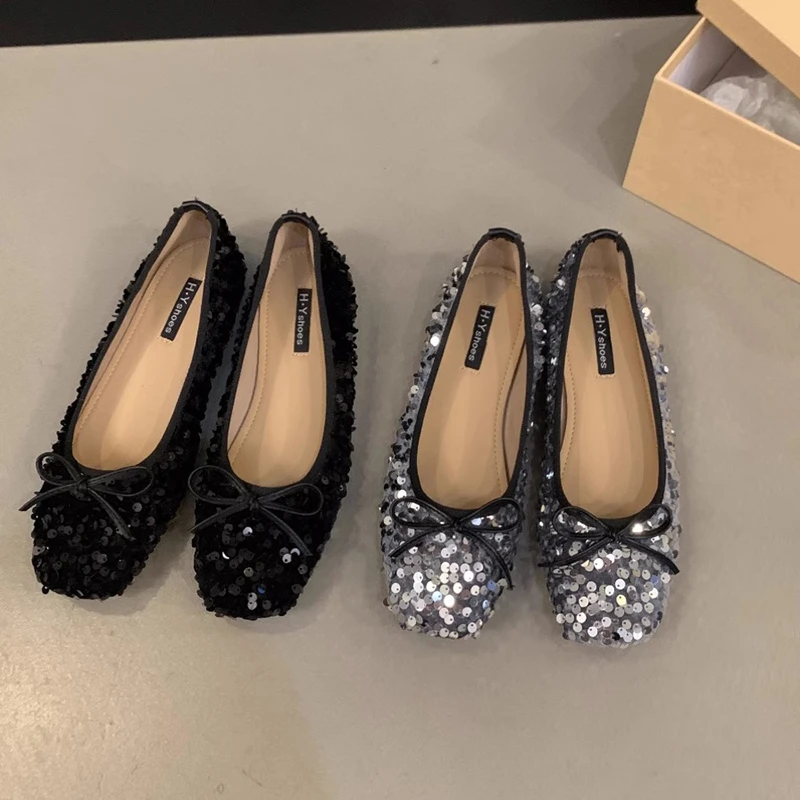 cql2024新款春秋法式黑色温柔晚晚鞋平底气质银色单鞋仙女鞋