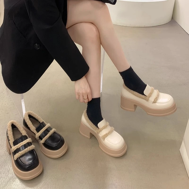 cql白色小皮鞋女款防水台高跟毛毛鞋秋冬加绒厚底粗跟玛丽珍鞋