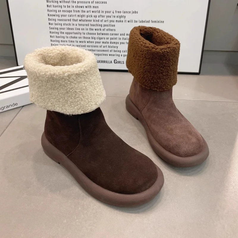 cql雪地靴2023冬季加绒加厚保暖棉靴爆款两穿翻边平跟中筒靴女
