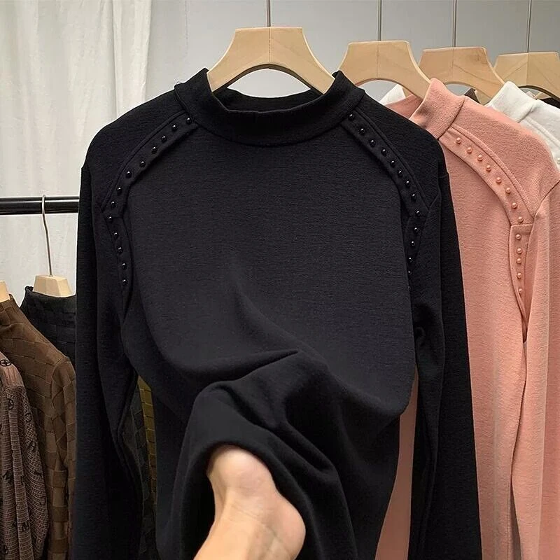 设计感钉珠半高领螺纹德绒打底衫女秋冬加厚新款修身长袖保暖上衣