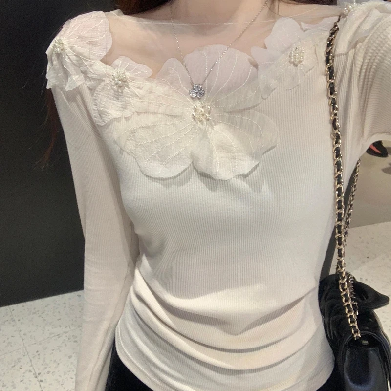 温柔风立体花朵一字肩长袖t恤女早秋高级感别致浪漫修身显瘦上衣