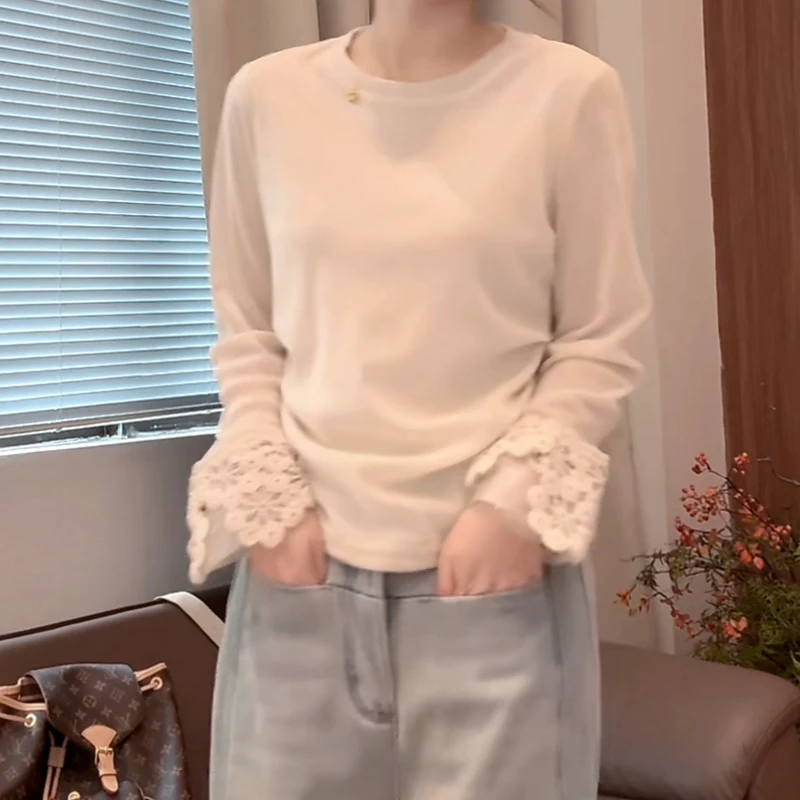 设计感拼接袖口修身长袖T恤女秋冬季洋气高级感收褶纯色打底上衣