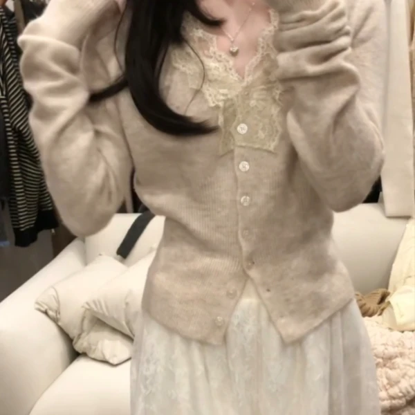韩系小香风蕾丝v领内搭针织衫女秋冬显瘦修身慵懒风毛衣开衫上衣