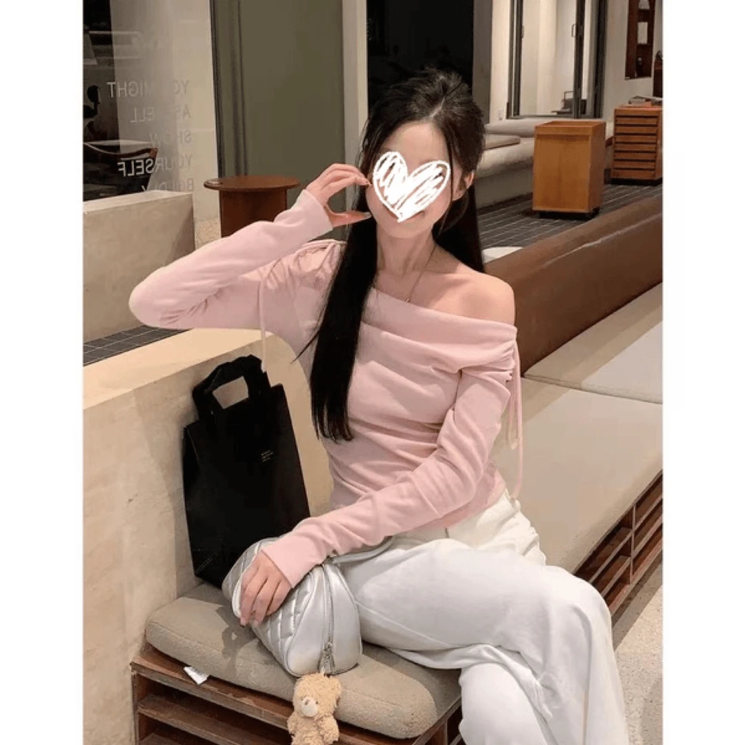 蝴蝶结系带露肩长袖针织衫女2025秋季新款纯欲修身显瘦两穿上衣