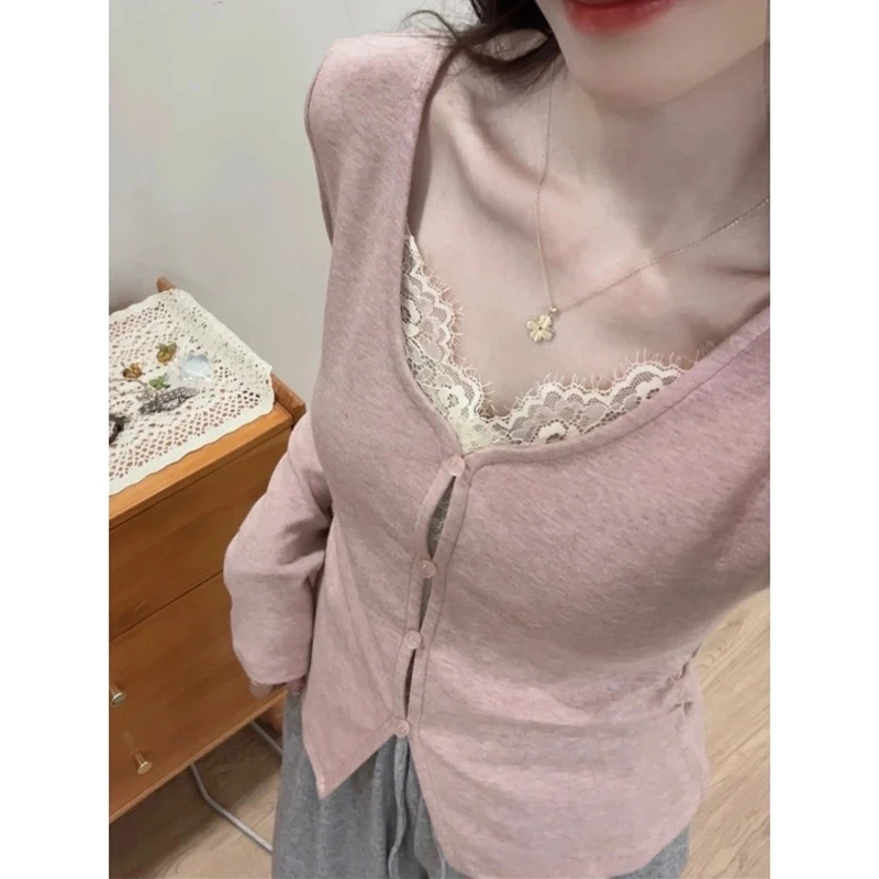 【半糖】蕾丝拼接修身假两件百搭上衣针织衫秋冬内搭纯欲露锁骨上衣