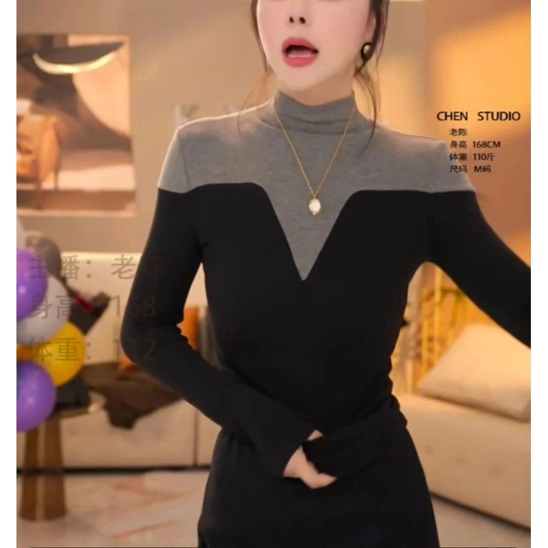 2024秋冬新款时尚洋气加绒时尚撞色设计感打底衫炸街洋气上衣T恤