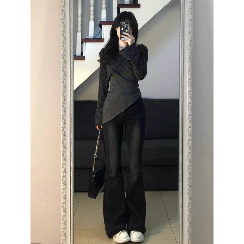 【现货】韩版性感辣妹风毛针织衫女早秋复古不规则设计感小众上衣