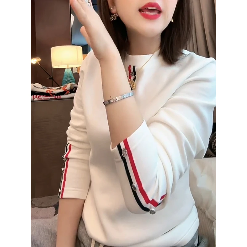 白色长袖T恤女2024秋季新款半开领纽扣上衣显瘦磨毛休闲打底衫