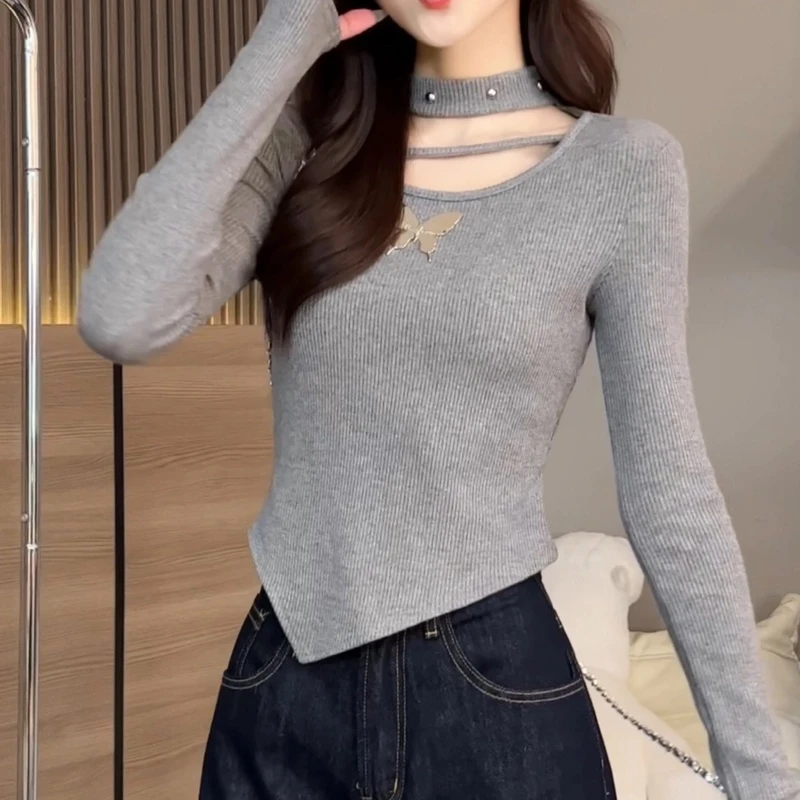 【现货】2025秋季新款 时尚蝴蝶装饰纯色百搭修身显瘦洋气长袖上衣