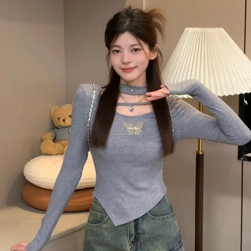 【现货】纯欲秋冬新款时尚蝴蝶装饰纯色百搭修身显瘦长袖上衣设计感