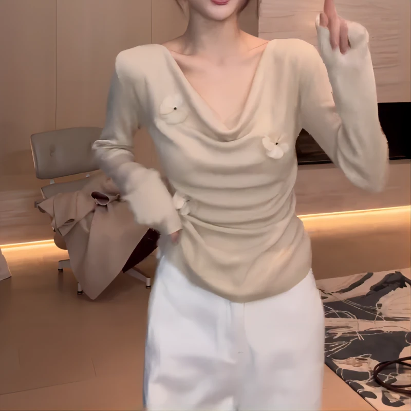 月光舒曼 纯欲荡领针织衫掐腰显瘦修身叠穿打底衫