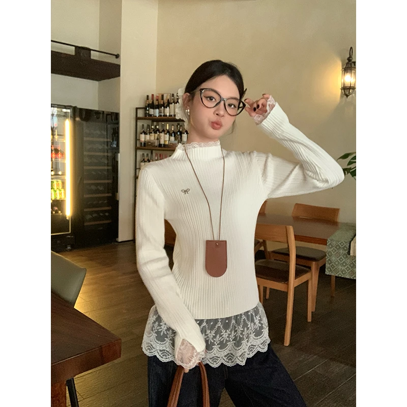【现货】芭蕾风蕾丝边长袖t恤打底衫女秋冬温柔感气质高领套头上衣