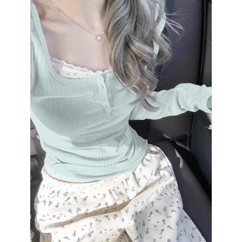 【现货】芭蕾风薄荷绿碎花长袖t恤女春秋修身短款假两件打底衫上衣