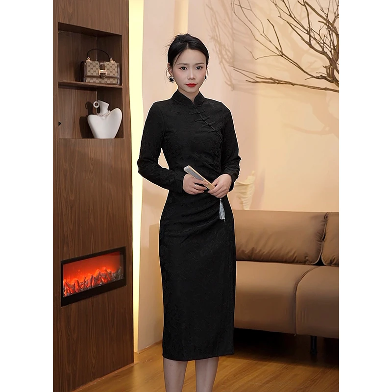 GERUIOUDIAN/格芮欧典3002立领收腰显瘦连衣裙女气质小黑裙长裙