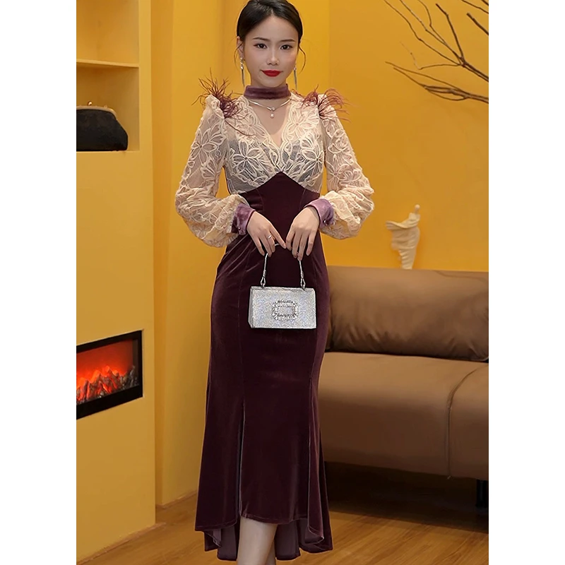 GERUIOUDIAN/格芮欧典法式8096风气质收腰蕾丝拼接丝绒鱼尾连衣裙