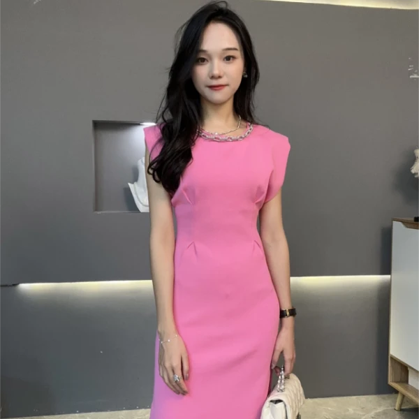 轻奢洋气链子圆领纯色无袖裙女小众简约气质高级感连衣裙C9810