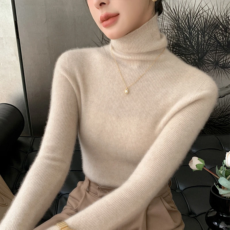 省钱风  一线成衣高翻领抽条羊毛衫女修身套头毛衣显瘦打底加厚