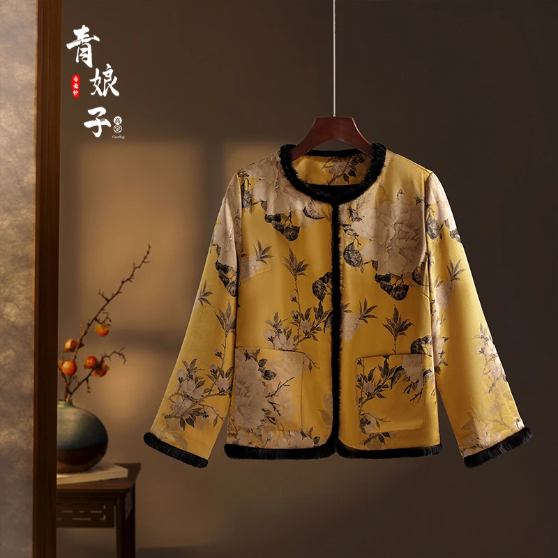 青娘子香云纱[若依]重锻印花拼水貂毛圆领高端加厚秋冬棉服41379