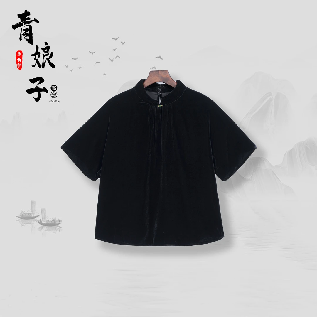 丝绒(映婵)时尚气质宽松休闲百搭舒适短款黑色女士套头上衣-41018