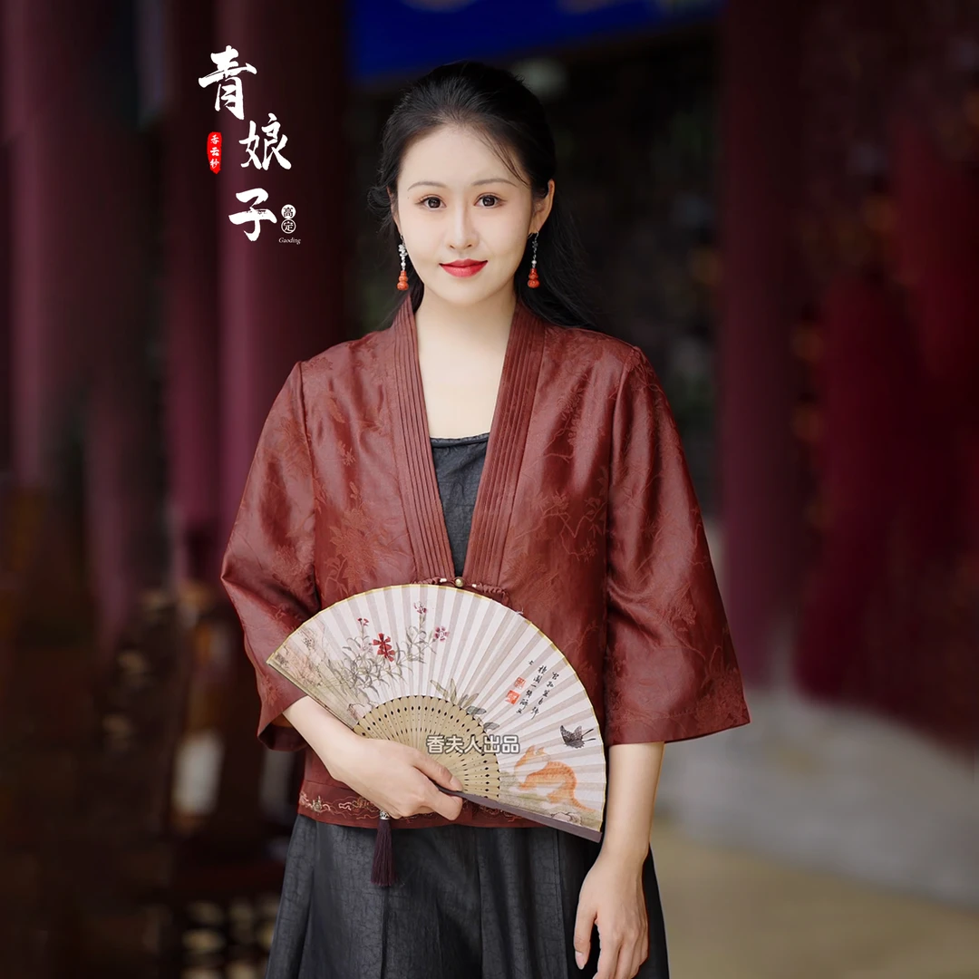 青娘子香云纱（棠莳）提花拼接刺绣新中式夏季中国风宽松上衣-50586