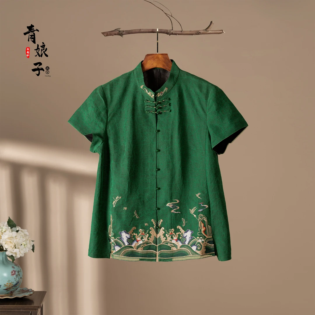 青娘子香云纱(归澎)龟裂纹刺绣气质修身短袖上衣50511