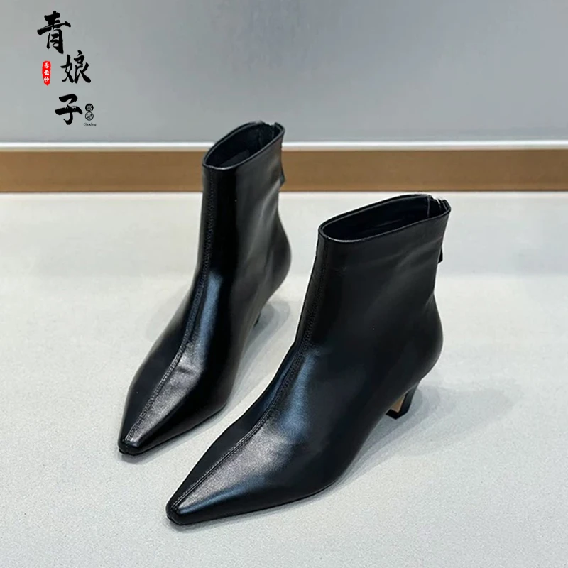 软皮尖头粗跟短靴女秋冬中跟瘦瘦靴51430高跟气质时尚百搭跟鞋