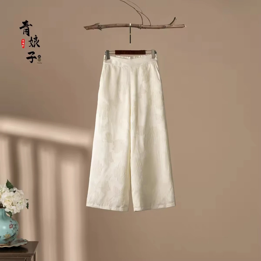 真丝-高端女装【月夕】冠乐皱新中式中国风气质百搭时尚阔腿裤50290