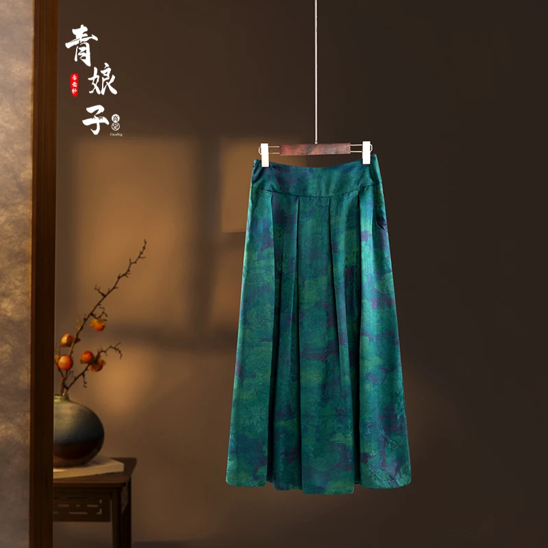 青娘子香云纱〔琼荣〕重缎提花气质中长款女士复古百褶半身裙---790
