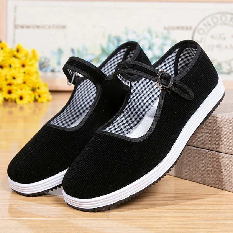 舒适工作鞋黑色休闲女士妈妈鞋软底平底耐磨老北京布鞋条绒轻便鞋