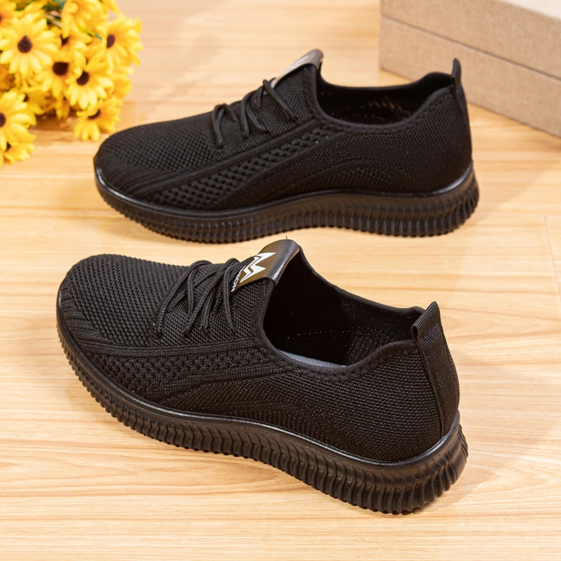 春夏老北京布鞋女休闲运动鞋黑色网面轻便上班干活工作鞋飞织透气