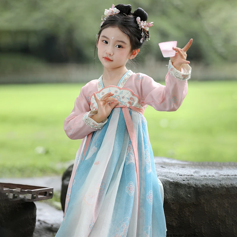 古月家.霁月 汉服女童春秋2024新款儿童古风新中式飘逸仙气连衣裙