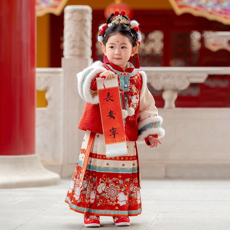 古月家【冬款反季】汉服女童儿童拜年服女宝宝加厚红色喜庆过年服