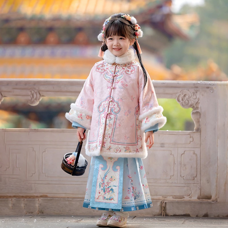古月家.海兰 汉服女童冬款儿童高端超仙加厚明制马面裙套装拜年服