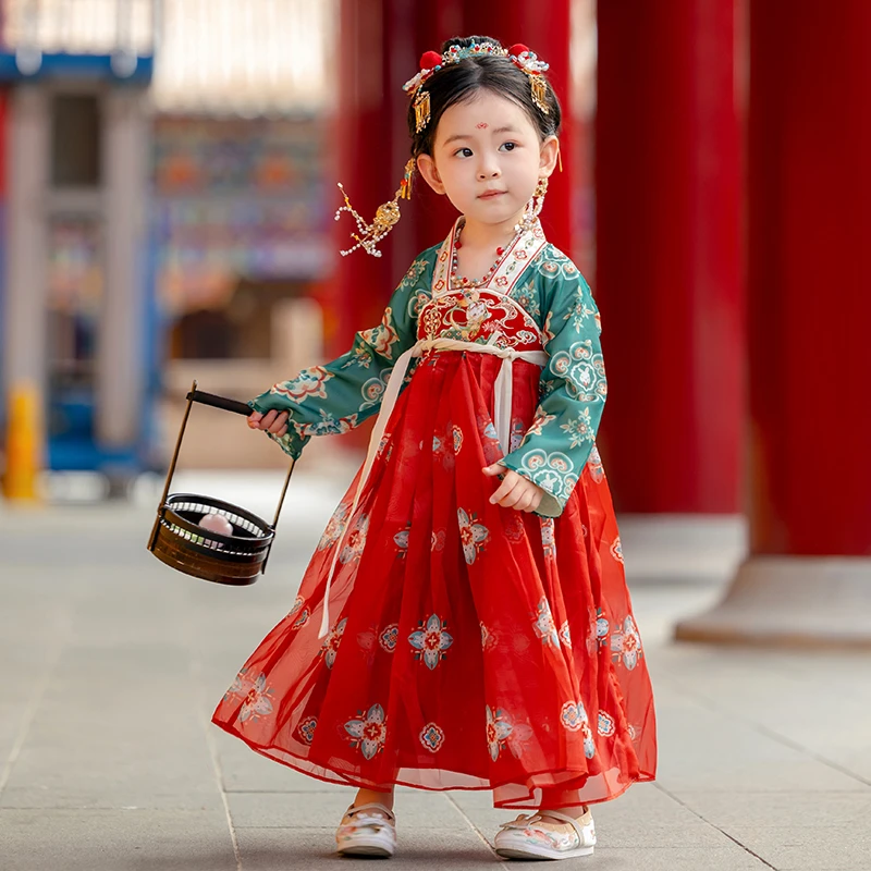 古月家.长安 汉服女童春秋儿童古风连衣裙小女孩敦煌风古筝表演服