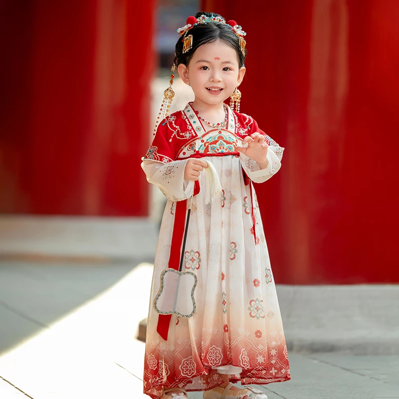 古月家.朱颜 汉服女童春秋中国风宝宝古风襦裙唐宫夜宴儿童表演服