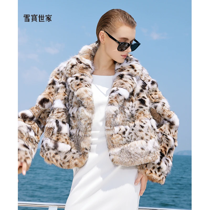雪宝世家奢品猞猁 西装领 天然斑纹 新款进口美国猞猁皮草大衣
