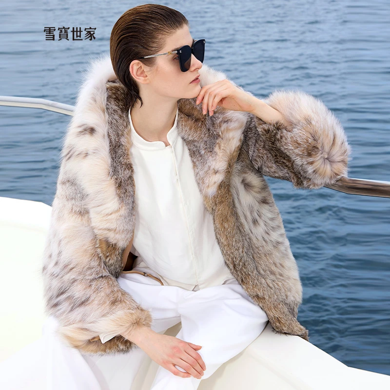 雪宝世家奢品猞猁 进口加拿大猞猁皮草外套本色斑纹女新款冬