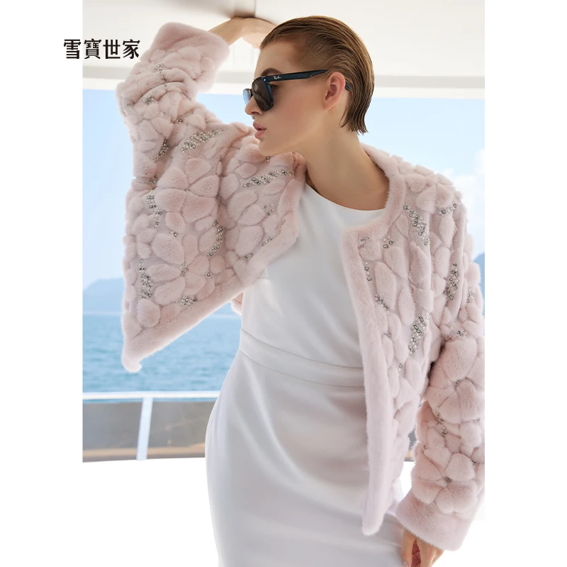 雪宝世家原创 镶钻 进口水貂皮草外套女时尚小香风貂皮2024新款冬