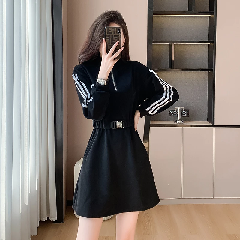 2024新款韩版小个子长袖收腰卫衣裙连衣裙A字裙收腰短裙秋冬