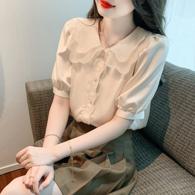 2025春夏季新款双层娃娃领泡泡袖衬衫女设计感小众百搭上衣