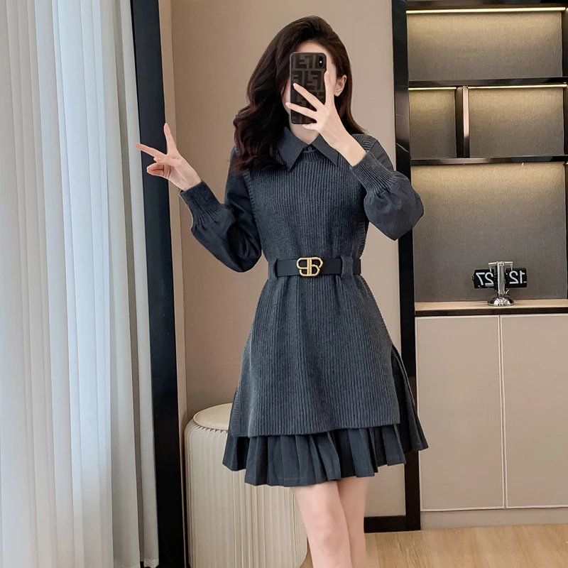 裙子女秋冬季2025新款独特超好看赫本风气质收腰针织连衣裙两件套