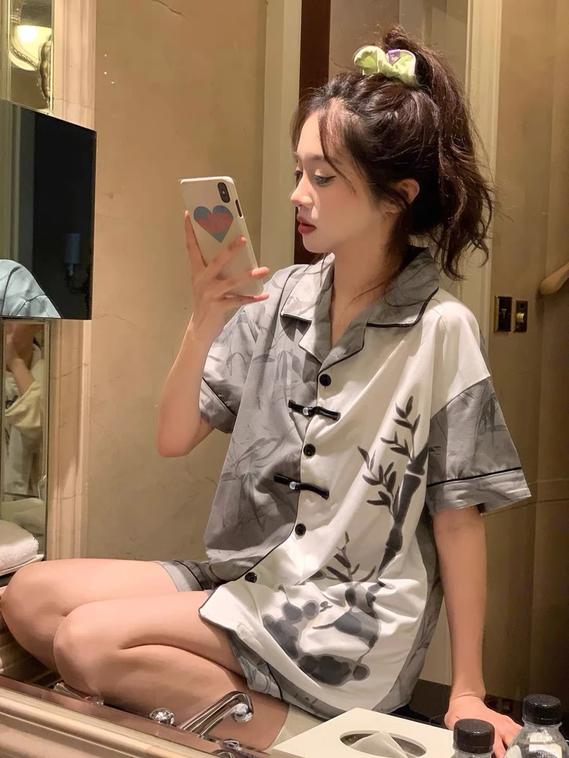 【竹影江南】夏季新中式国风盘扣水墨睡衣女短袖套装可外穿家居服