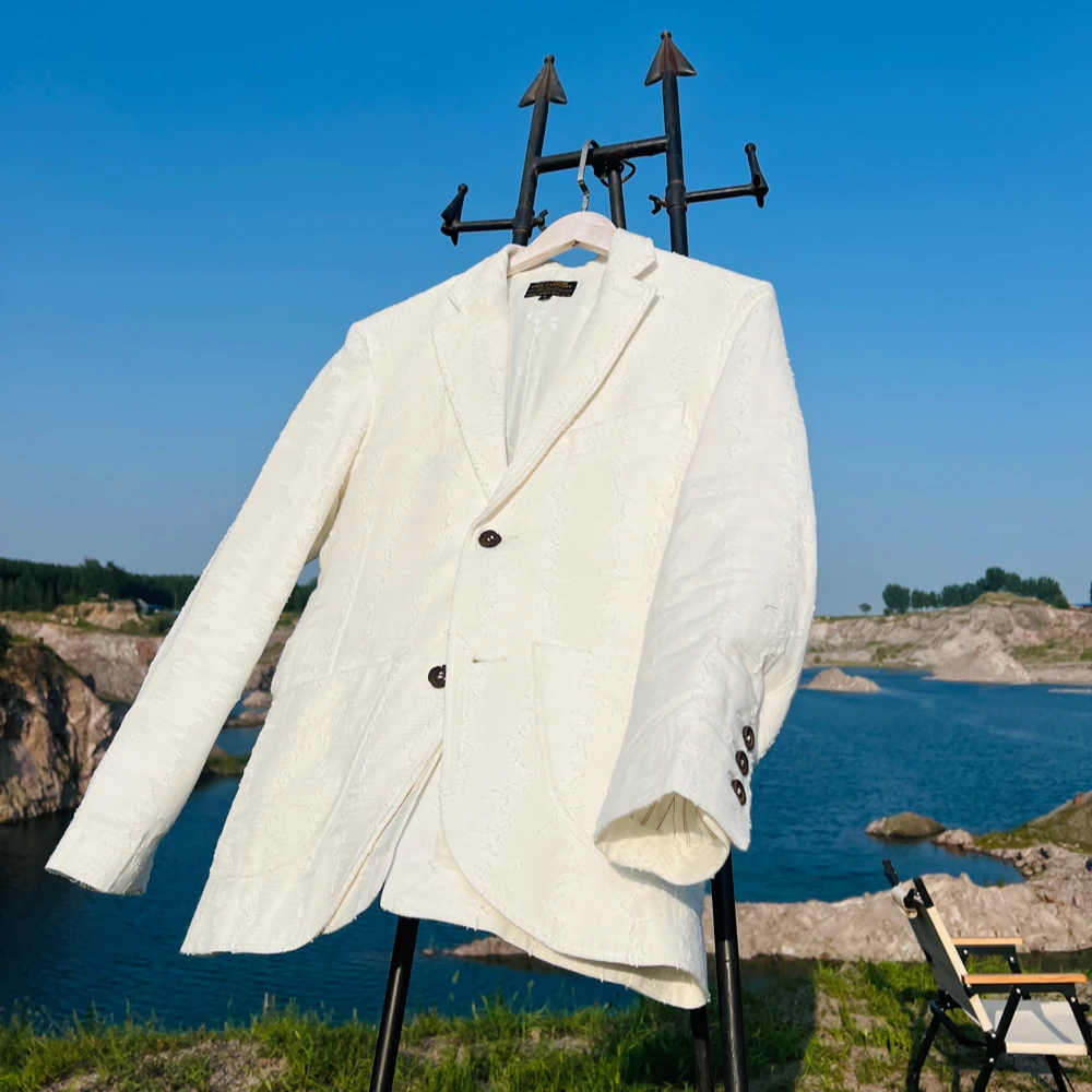 意式那不勒斯西装肌理提花休闲白西服—艺术家男士简约修身