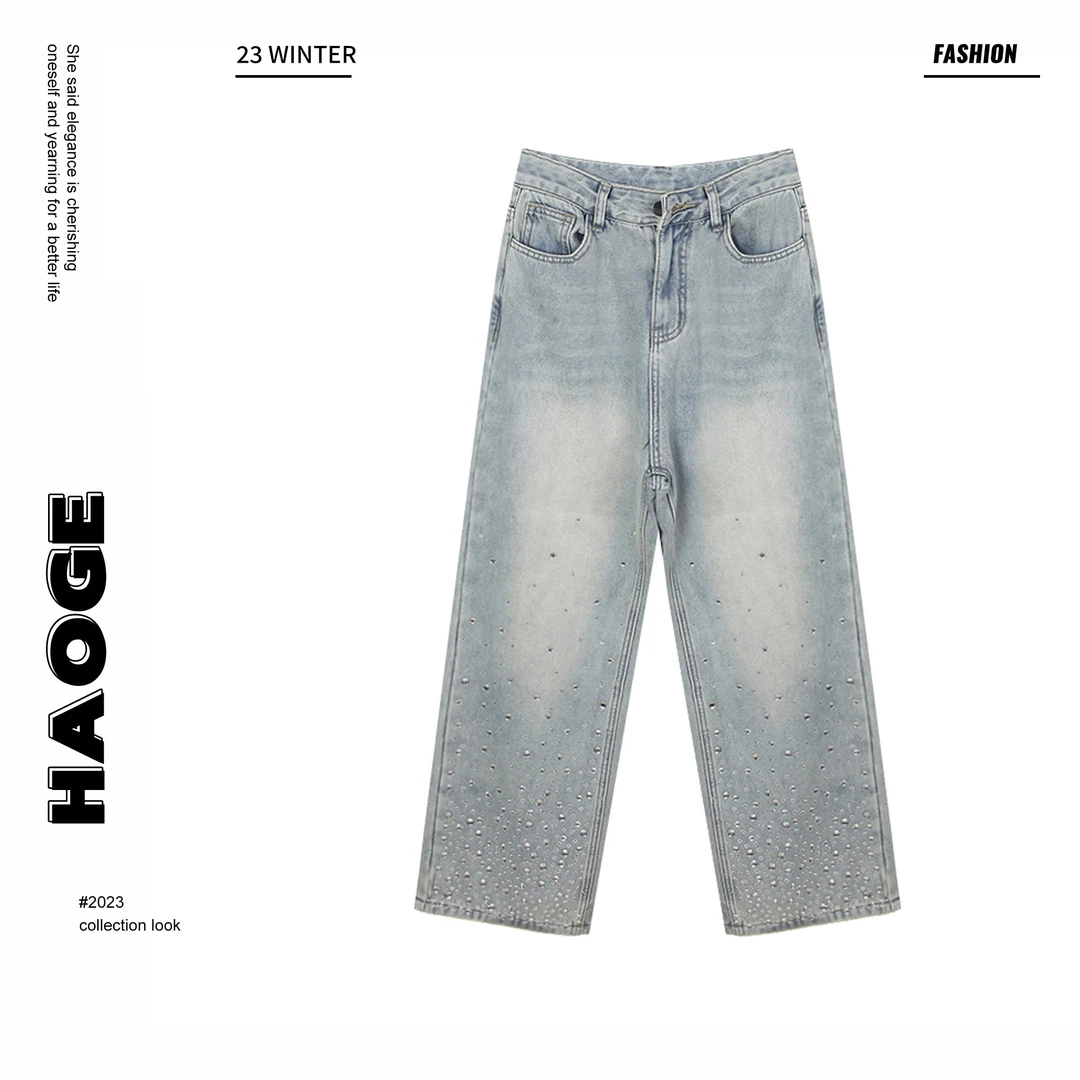 欣儿优选●D3KZ1580时尚小香风烫钻直筒牛仔裤女莫奈花园风